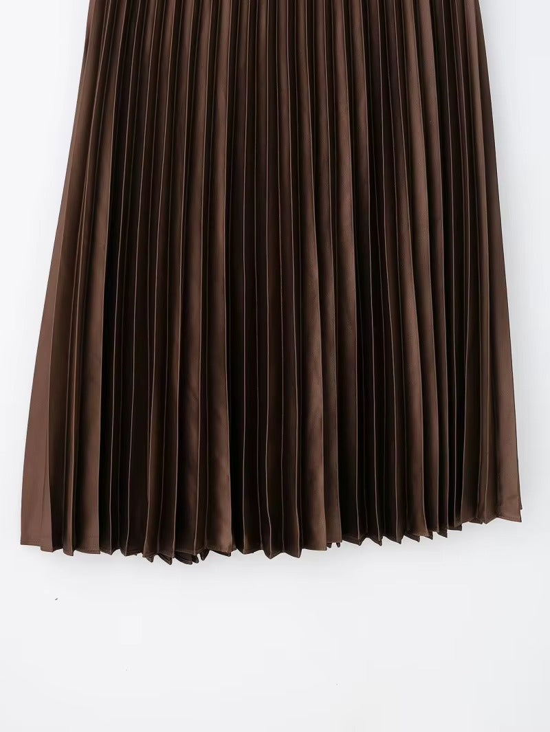 Elegant Satin Pleated Midi Skirt with Elastic Waist