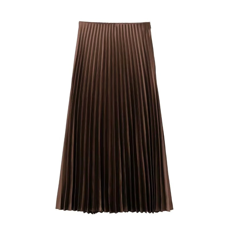 Elegant Satin Pleated Midi Skirt with Elastic Waist