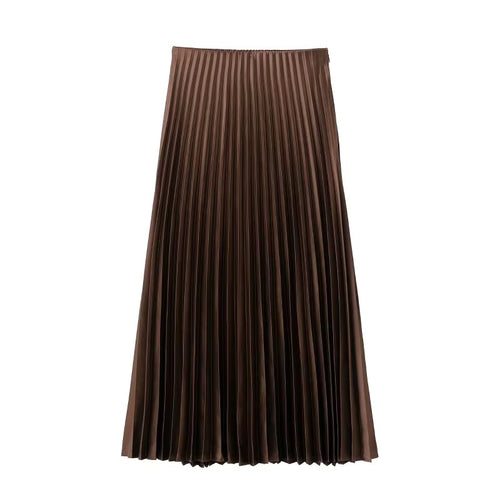 Elegant Satin Pleated Midi Skirt with Elastic Waist