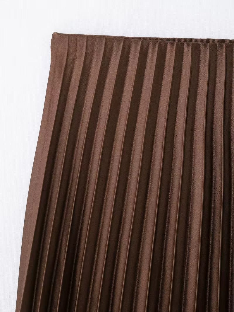 Elegant Satin Pleated Midi Skirt with Elastic Waist