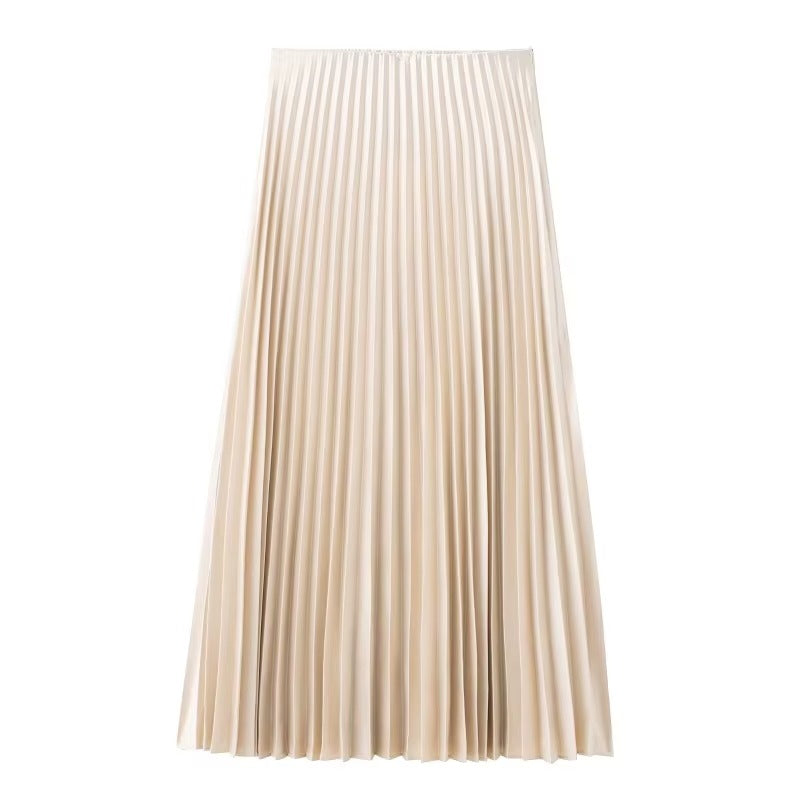 Elegant Satin Pleated Midi Skirt with Elastic Waist