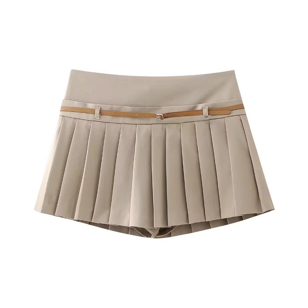 Belted Mini Skort with Side Zipper and Elegant Mid-Waist Fit