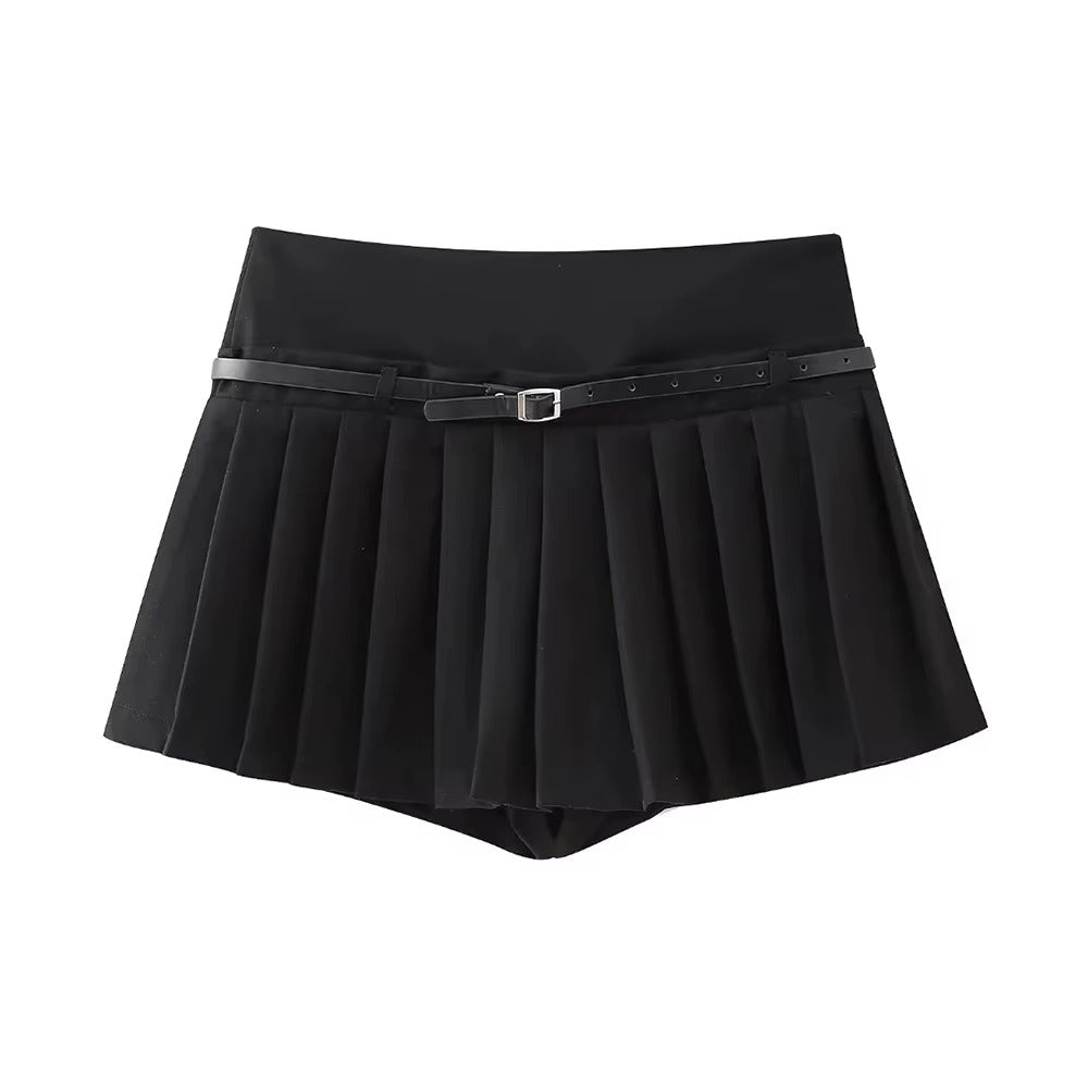 Belted Mini Skort with Side Zipper and Elegant Mid-Waist Fit