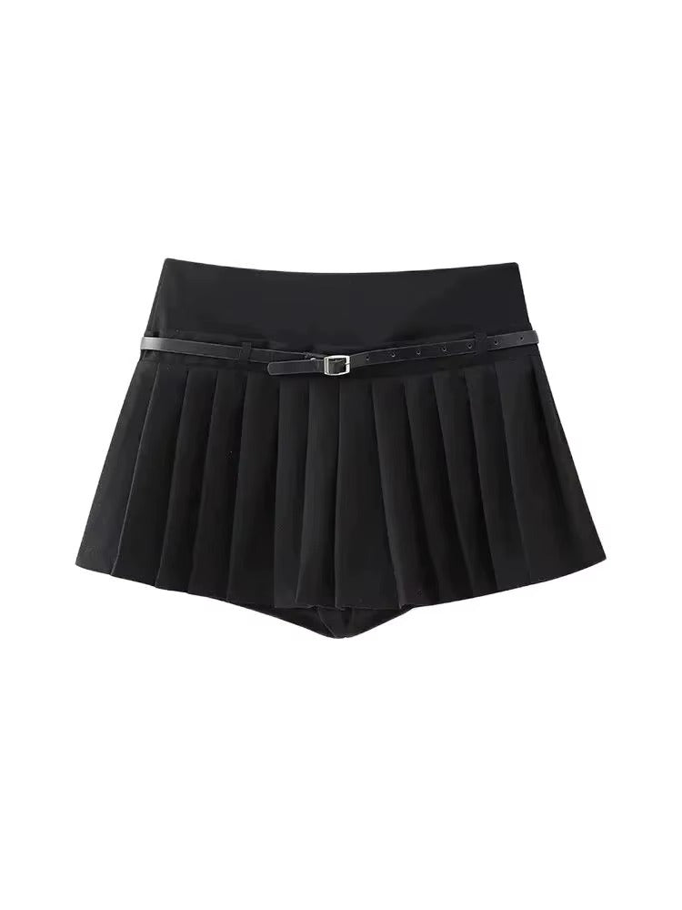 Belted Mini Skort with Side Zipper and Elegant Mid-Waist Fit