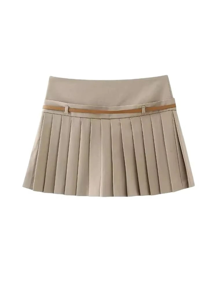 Belted Mini Skort with Side Zipper and Elegant Mid-Waist Fit