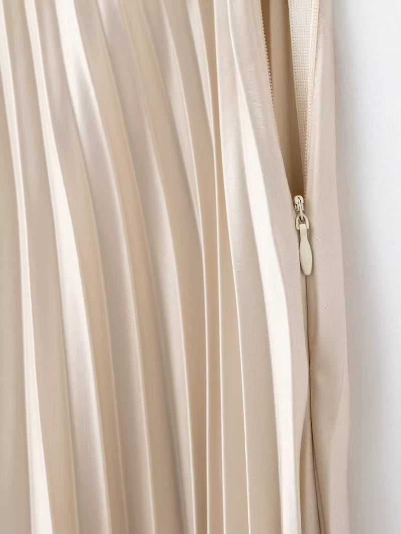 Elegant Satin Pleated Midi Skirt with Elastic Waist